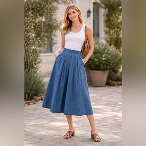 Vintage Ruff Hewn Pleated Heavy Denim Midi Skirt USA Made Cottagecore Classic 8
